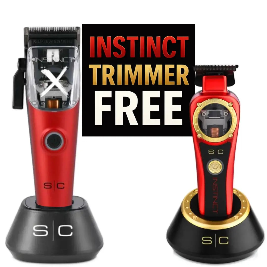 Two red and black trimmers with 'Instinct' branding on a white background.