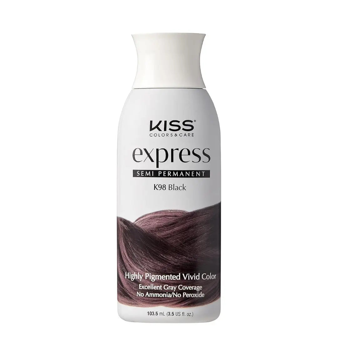 Bottle of Kiss Express Semi-Permanent Hair Color in Black with a volume of 100mL. The packaging is predominantly white and purple with text detailing the product features.