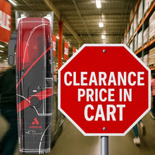 Product packaging with a 'Clearance Price in Cart' sign in a warehouse setting
