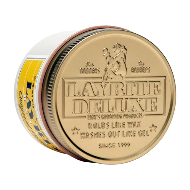 Layrite Deluxe original pomade men's grooming product jar on a white background