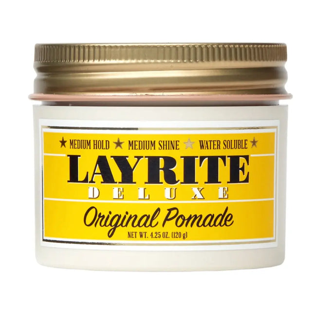 Jar of Layrite Deluxe Original Pomade with gold lid on a white background