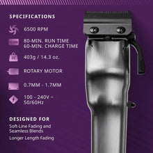 Hair trimmer with specifications on a purple background