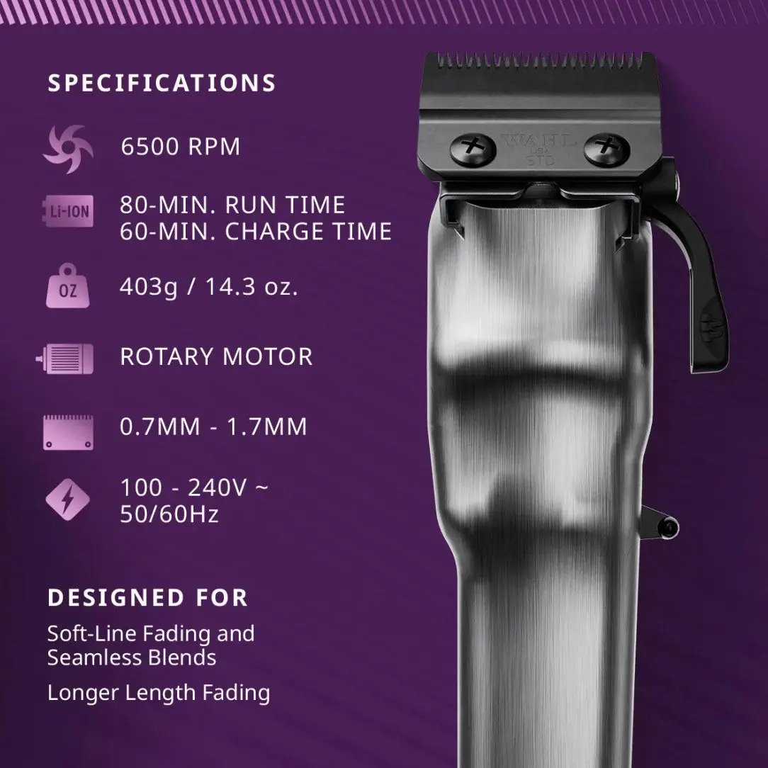 Hair trimmer with specifications on a purple background
