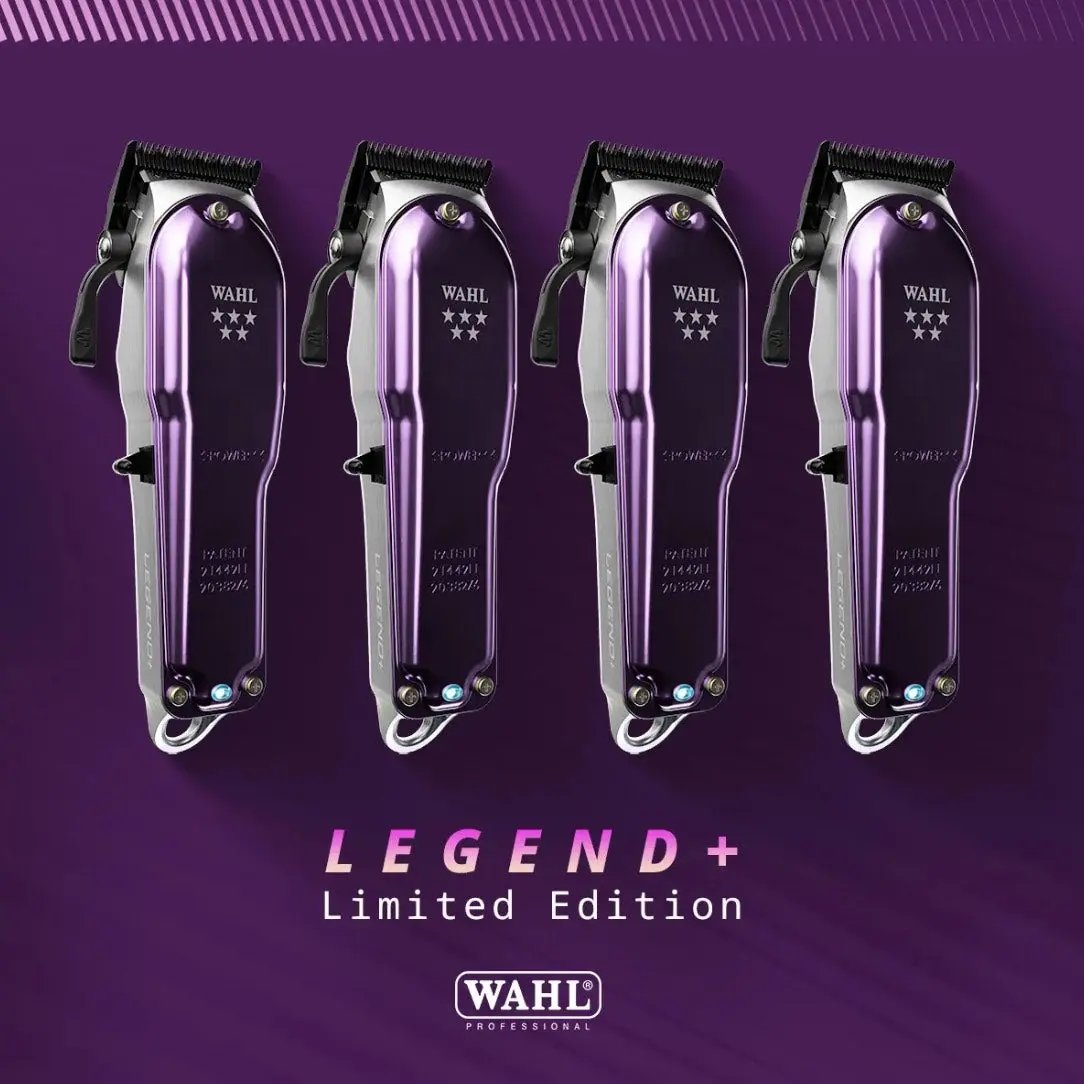 Four purple Wahl Legend+ Limited Edition hair clippers on a purple background