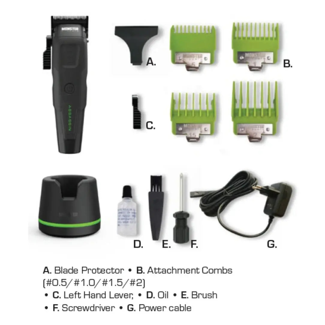 Monster Clippers Assassin Clipper Grooming tool set with attachments on a white background
