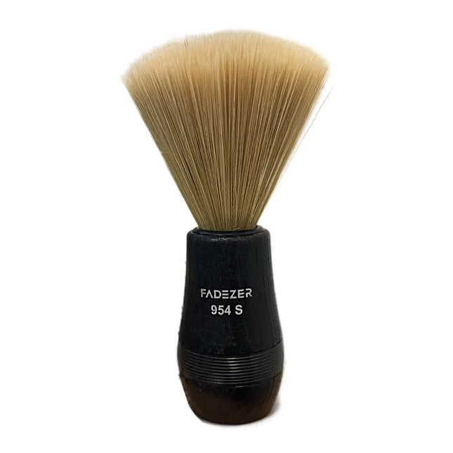 Shaving brush with black handle and beige bristles on a white background