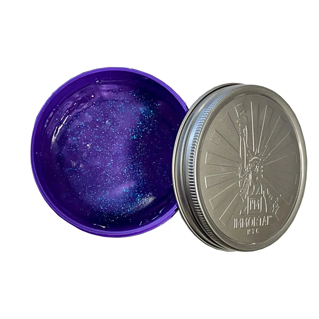 “Open tub of Immortal The Eternity Pomade Styling Gel showing smooth, creamy texture.”

