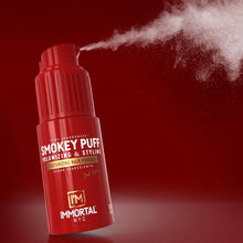 Red bottle of 'Smokey Puff' hair powder with a red background