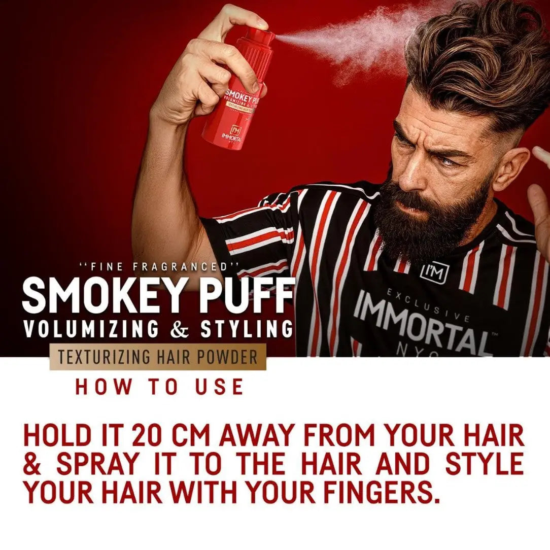 Person using Smokey Puff volumizing and styling hair powder with text on a red background