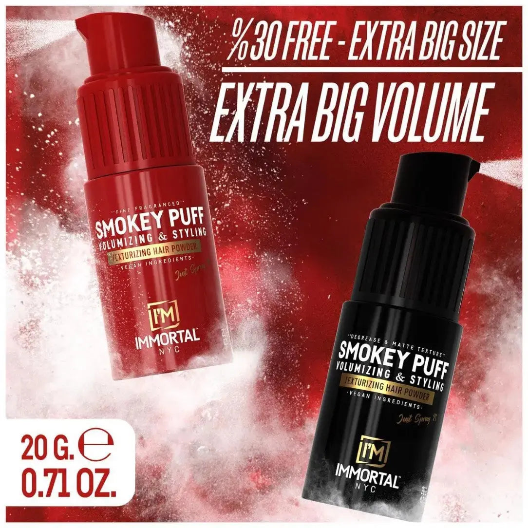 Two bottles of Immortal Smokey Puff hair product with promotional text on a red and white background.