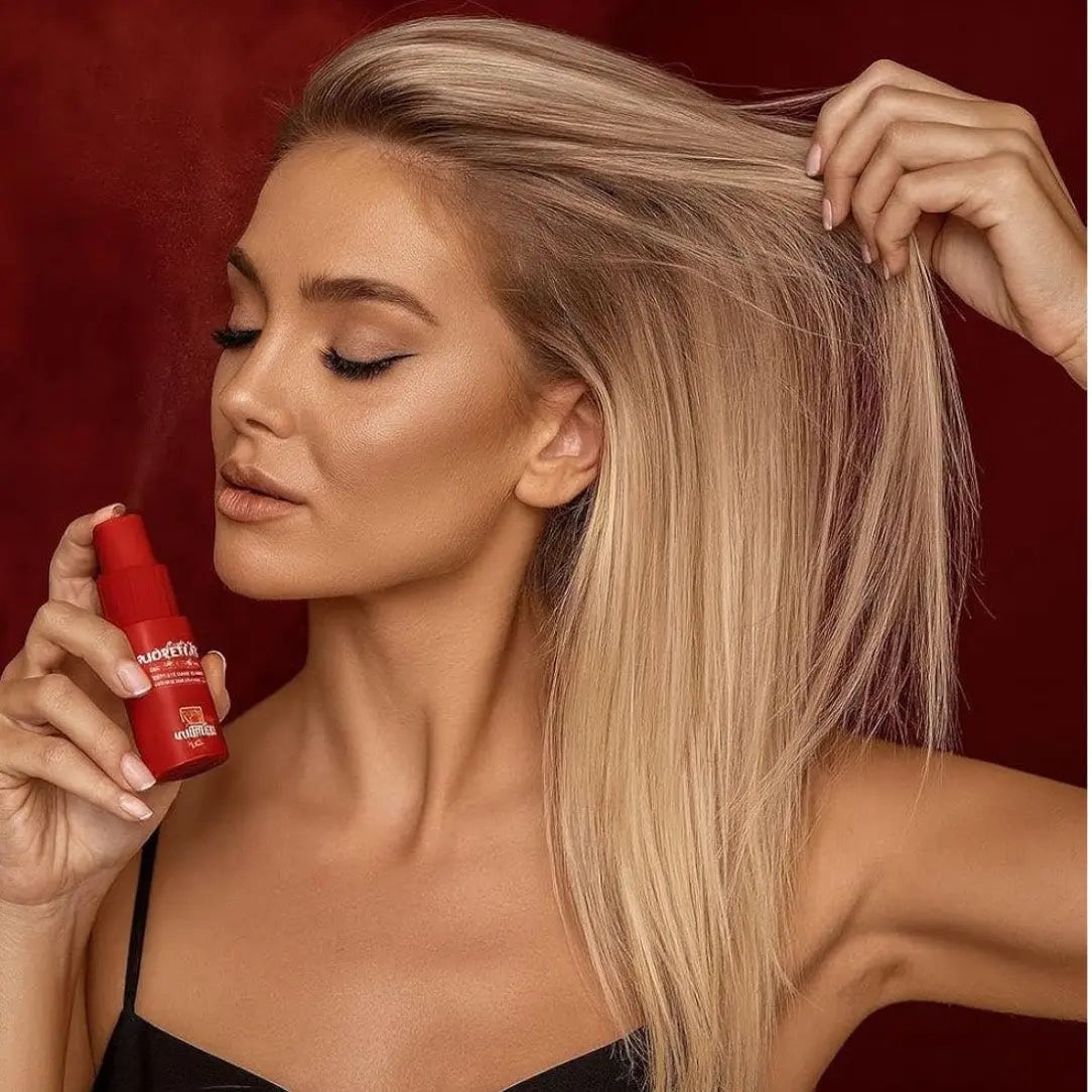 Woman with long blonde hair holding a red bottle against a red background