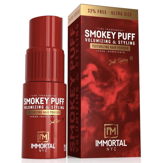Smokey Puff volumizing and styling hair powder with packaging on a white background