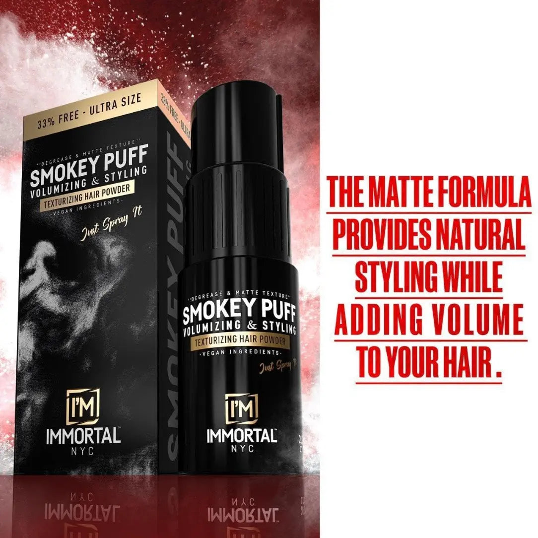 Smokey Puff volumizing and styling hair powder with packaging and promotional text on a red and white background.