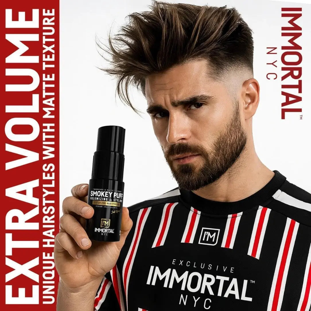 Man holding a bottle of Immortal NYC hair product with text about extra volume and matte texture.