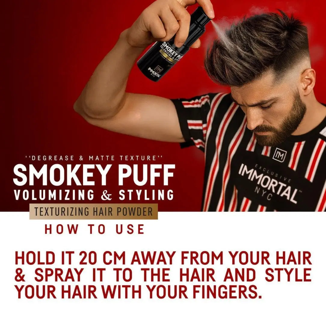 Person using Smokey Puff volumizing and styling hair powder with text on a red background
