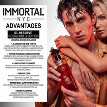 Advertisement for Immortal NYC cologne with a man holding a bottle and a woman embracing him.