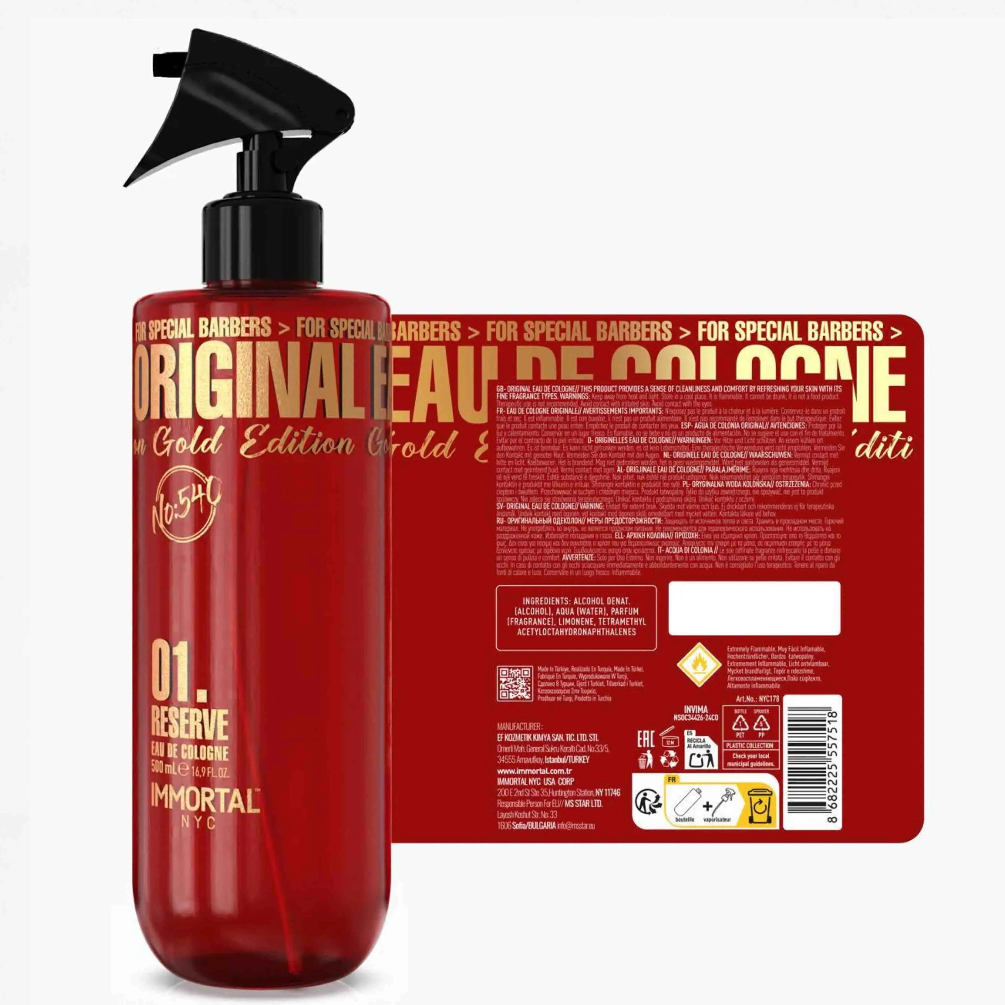 Reserve 01 Gold Edition After Shave Cologne Red bottle with black spray nozzle and gold text on a white background