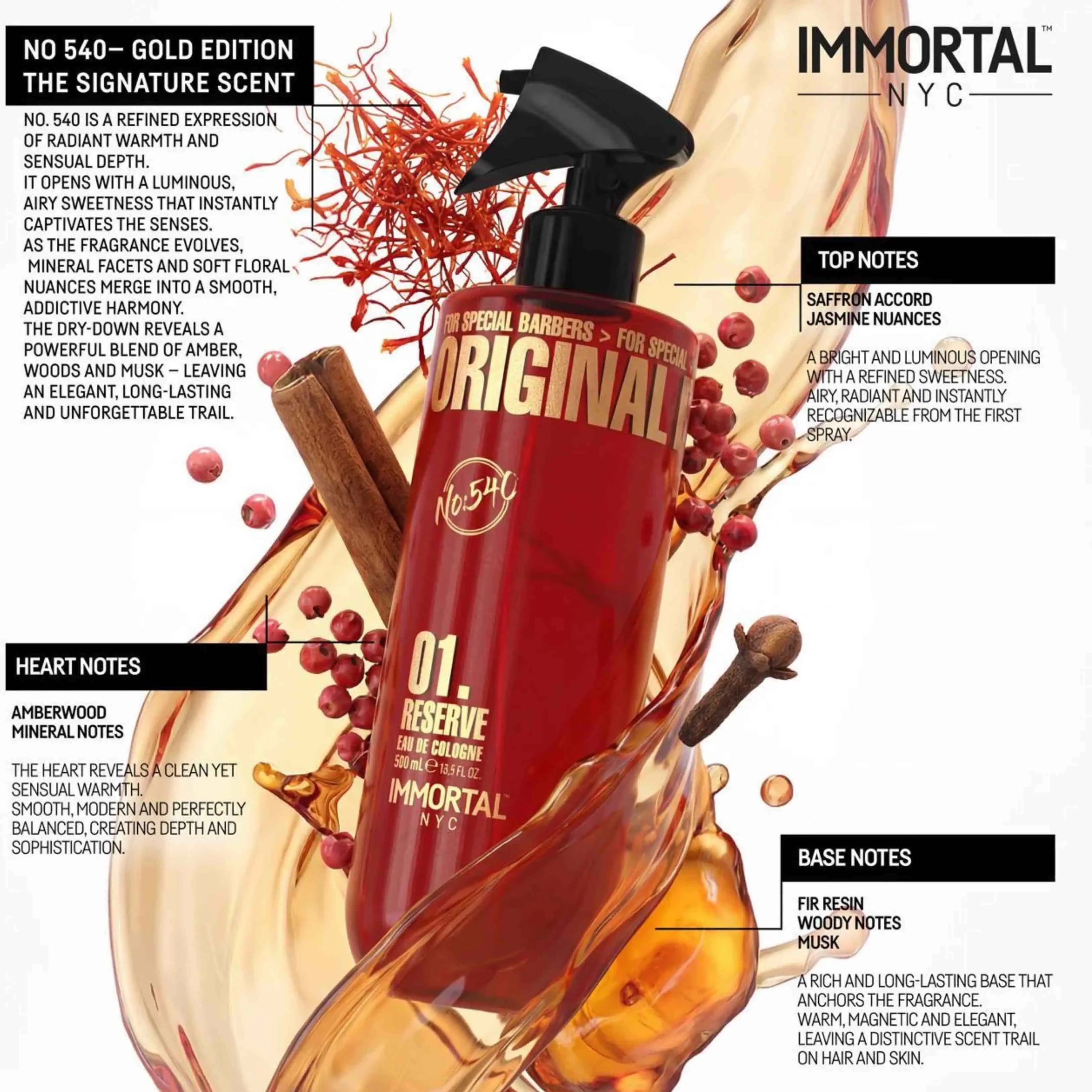 Immortal NYC Original 01 Reserve bottle with flavor notes on a white background