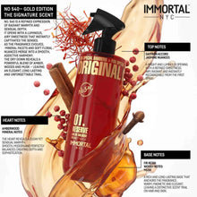 Immortal NYC Original 01 Reserve bottle with flavor notes on a white background