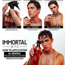 Advertisement for Immortal NYC cologne with step-by-step application guide and model holding the product.