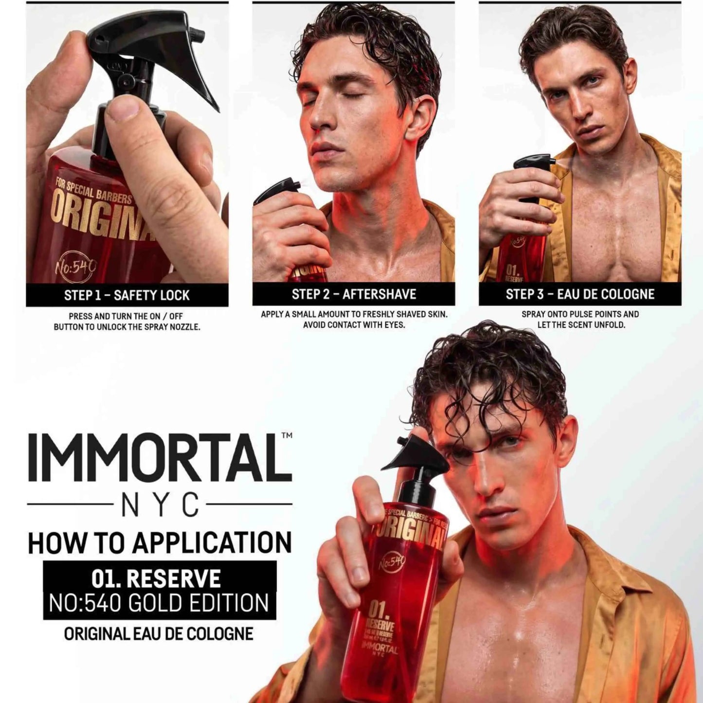 Advertisement for Immortal NYC cologne with step-by-step application guide and model holding the product.