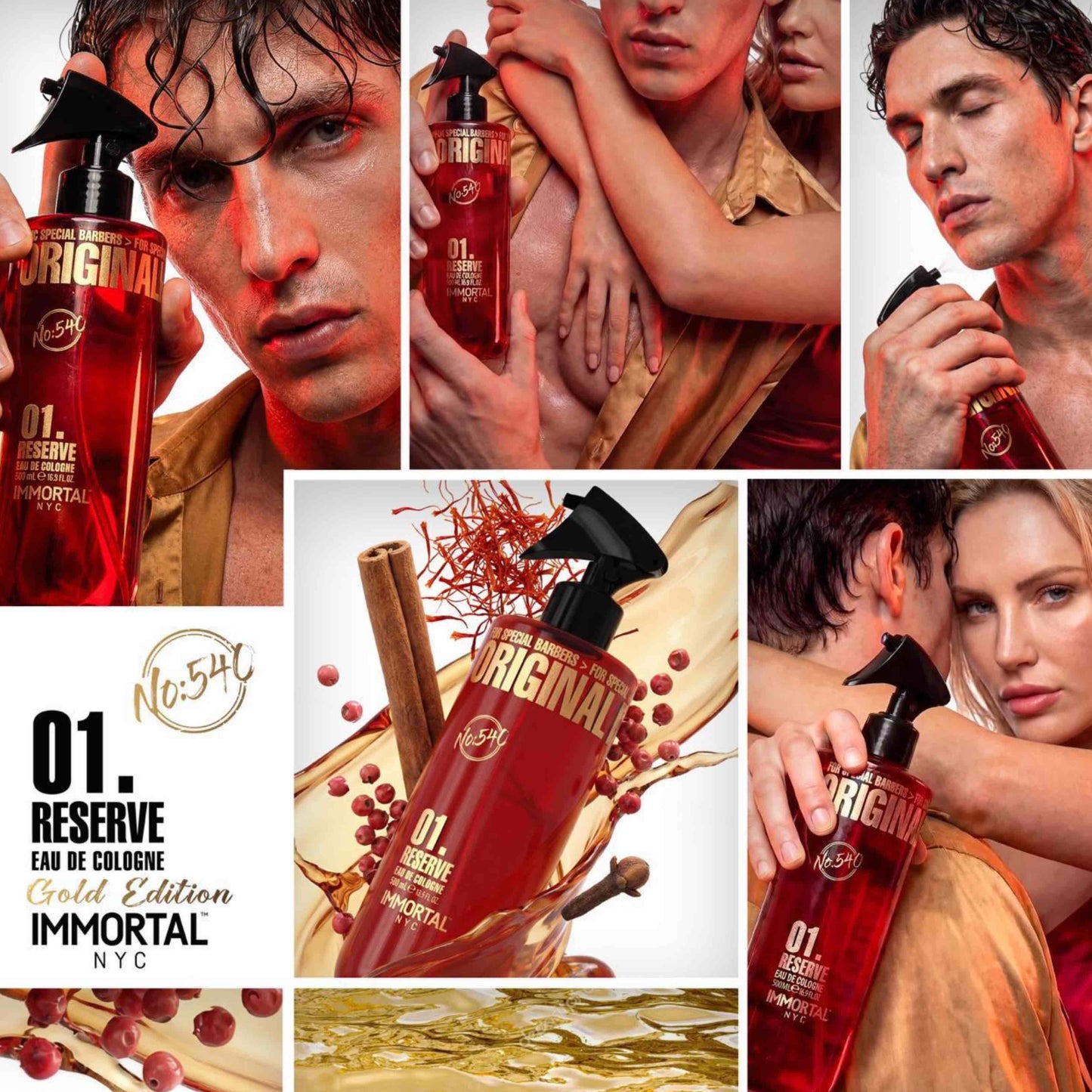 Reserve 01 Gold Edition After Shave Cologne Collage of a cologne advertisement featuring a man holding a red bottle with 'Original' branding.