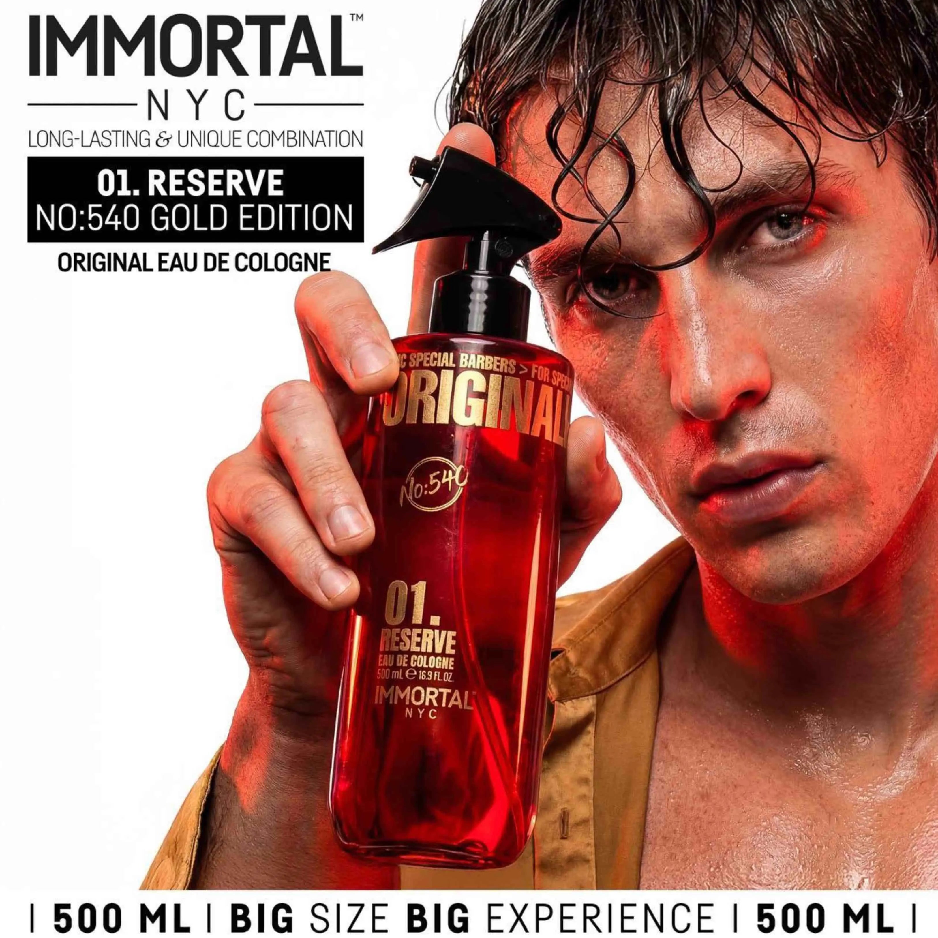 Man holding a red bottle of Immortal NYC cologne with promotional text.