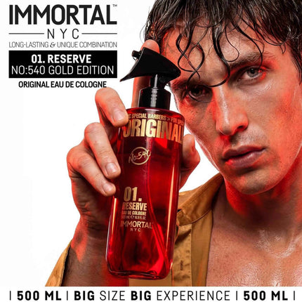 Man holding a red bottle of Immortal NYC cologne with promotional text.