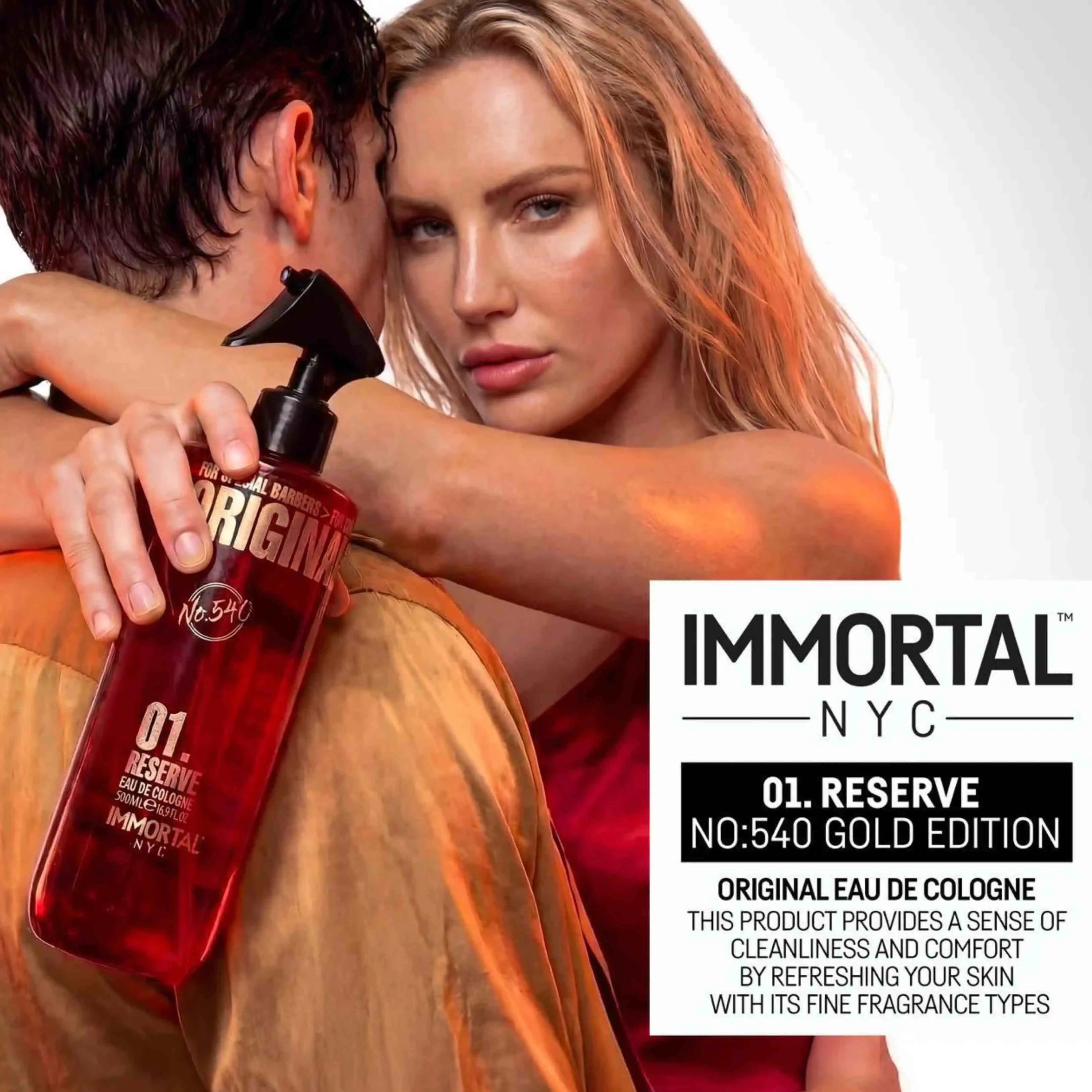 Advertisement for Immortal NYC cologne featuring a woman holding a bottle.