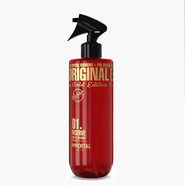 Reserve 01 Gold Edition After Shave Cologne Red bottle with black pump nozzle on a white background