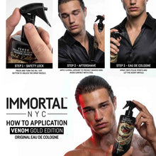Advertisement for Immortal NYC Venom Gold Edition cologne with step-by-step application guide.