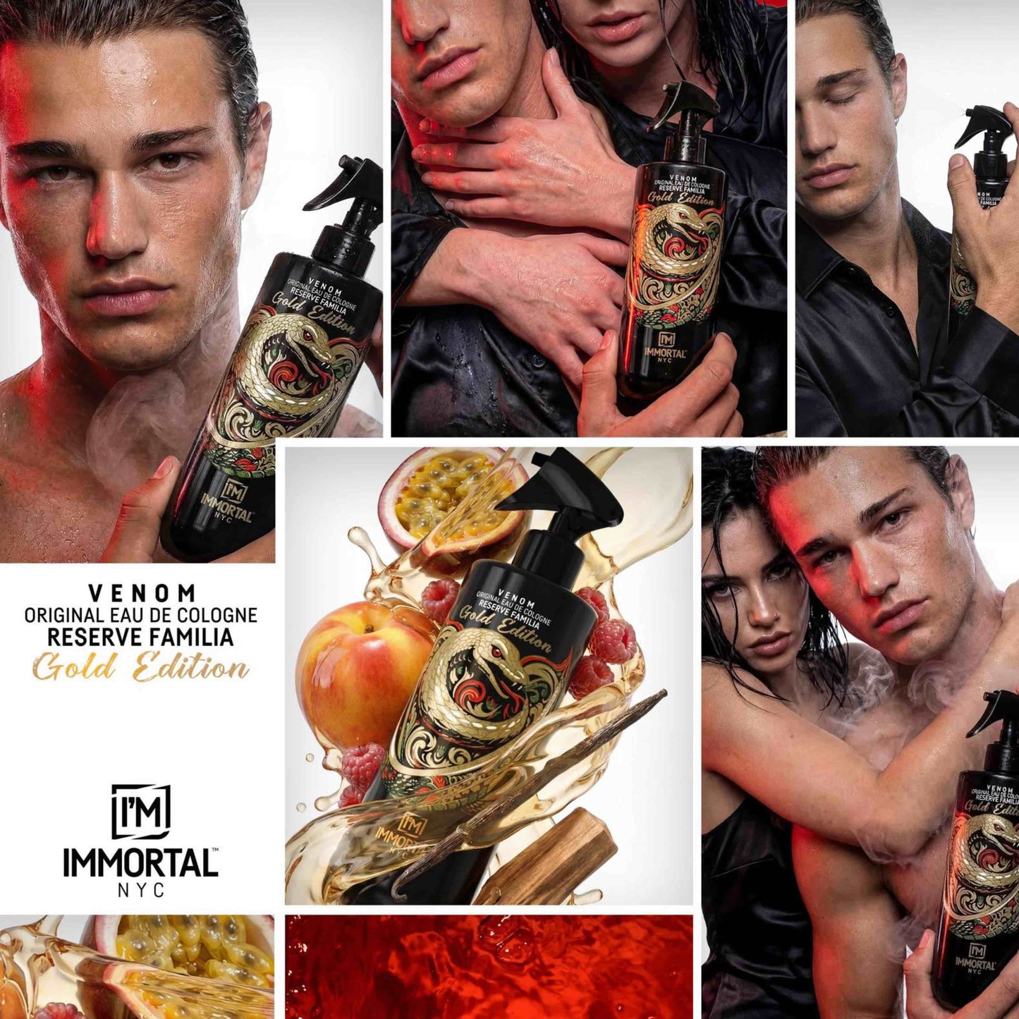 Collage of a man holding a bottle of 'Venom' cologne with promotional text and branding.