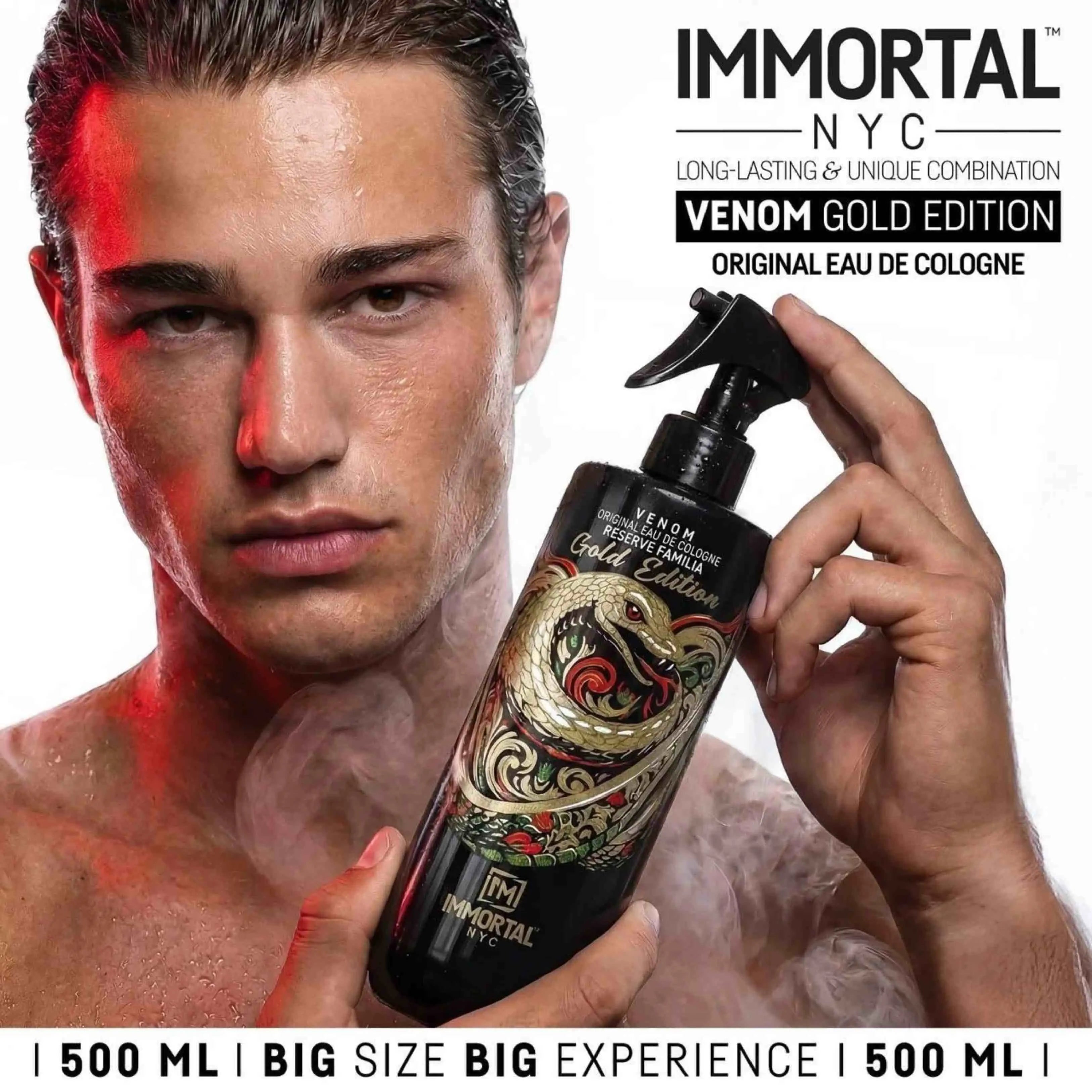 Man holding a bottle of Immortal NYC Venom Gold Edition cologne with red lighting effect.