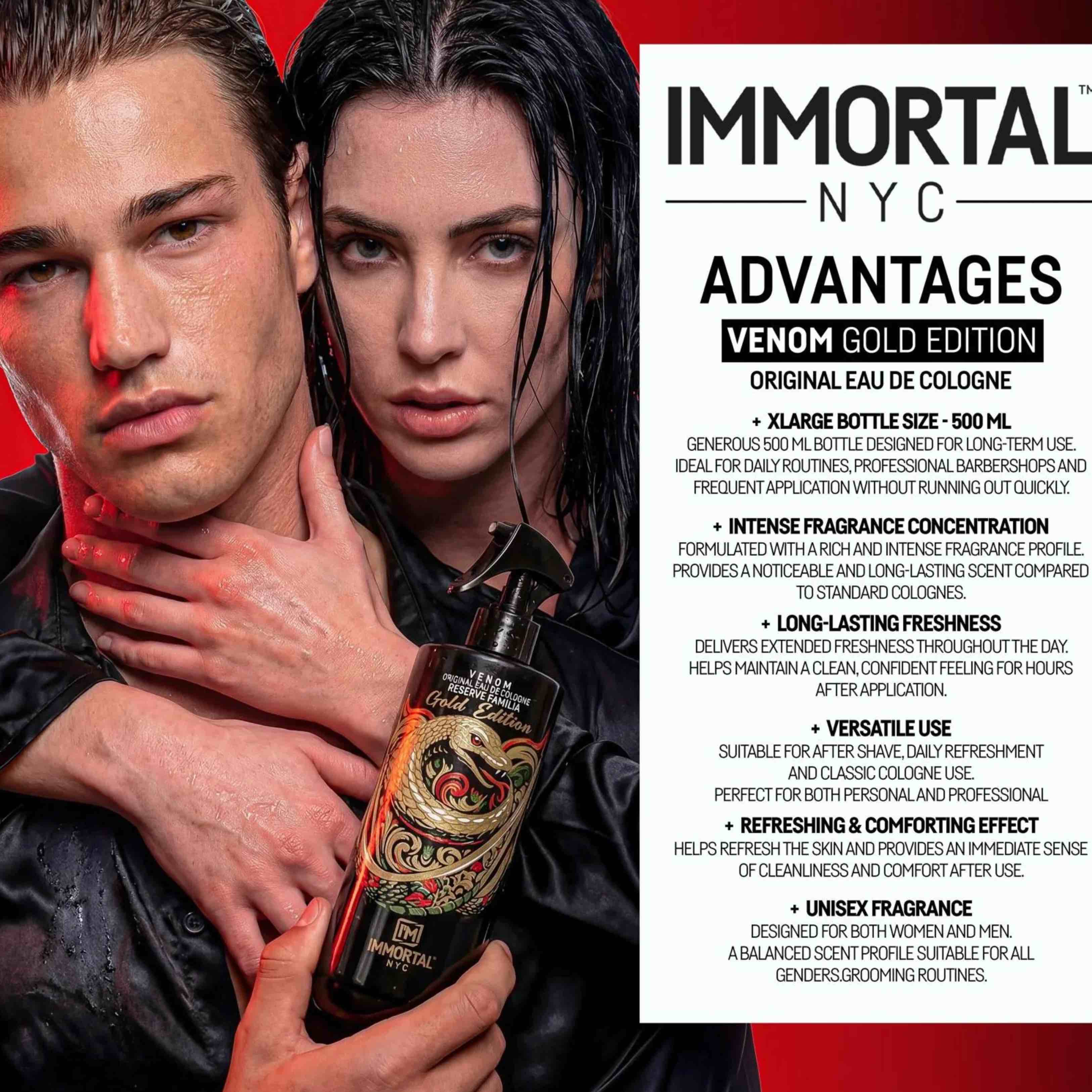 Advertisement for Immortal NYC Venom Gold Edition cologne featuring a man and woman holding a bottle.