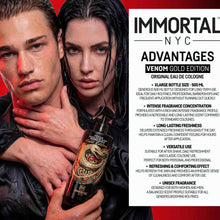 Advertisement for Immortal NYC Venom Gold Edition cologne featuring a man and woman holding a bottle.