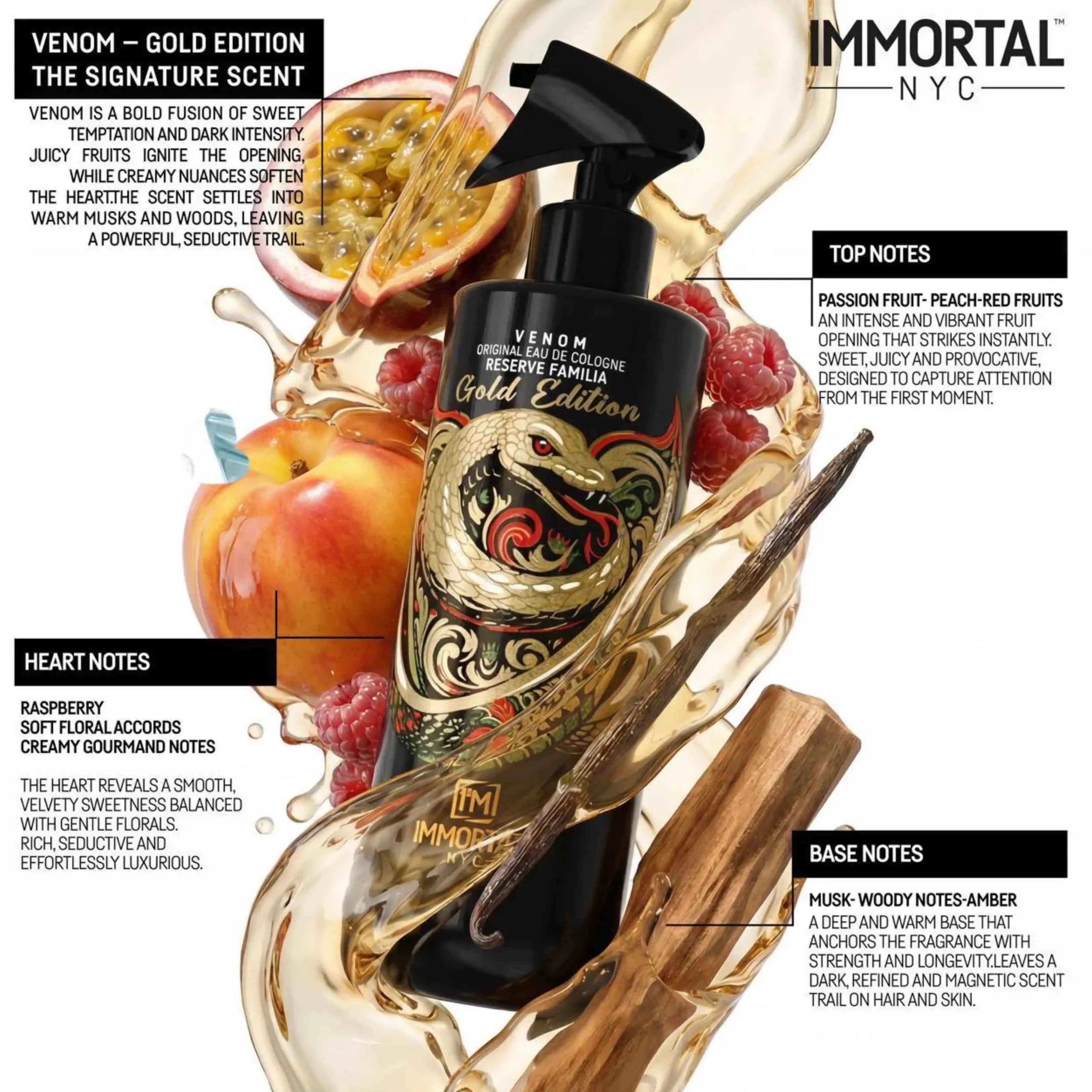 Immortal NYC Venom Gold Edition perfume bottle with fruit and wood elements on a white background