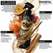 Immortal NYC Venom Gold Edition perfume bottle with fruit and wood elements on a white background