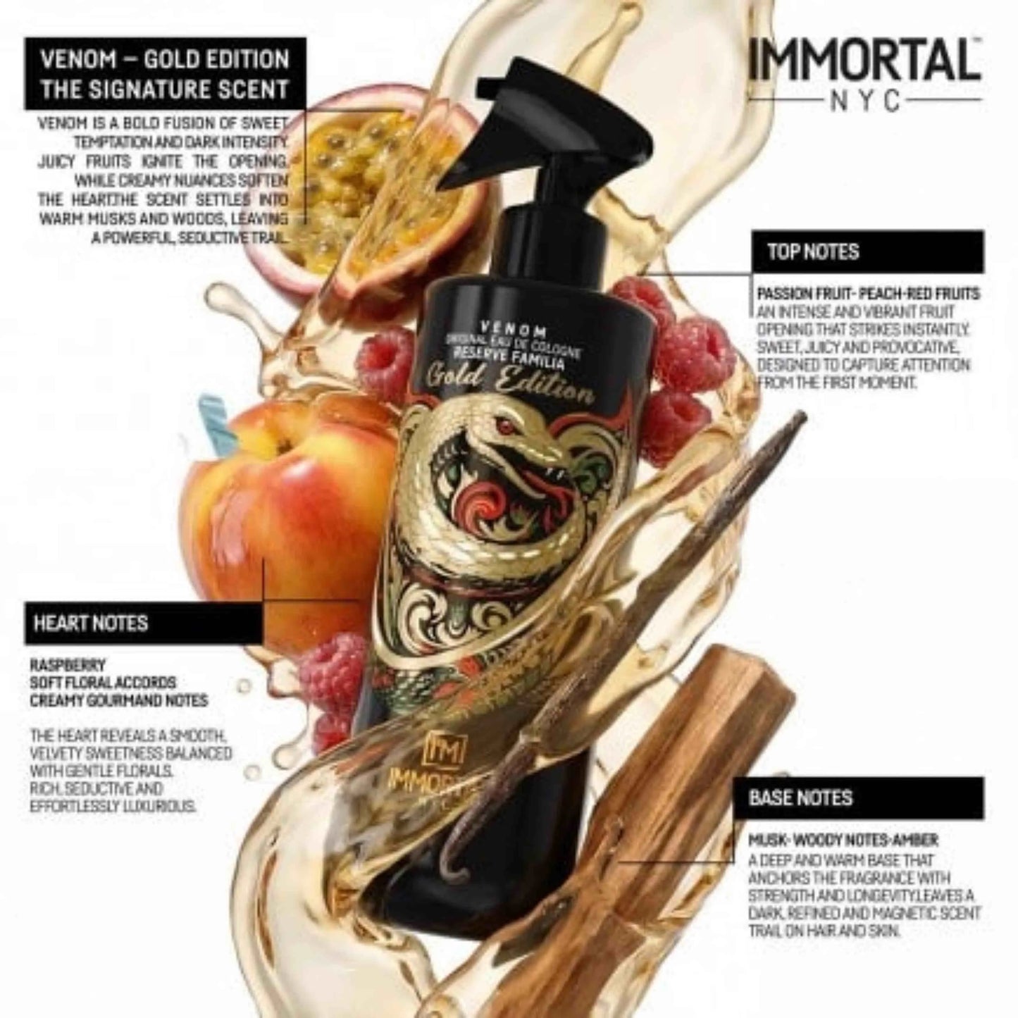 Immortal NYC Venom Gold Edition cologne bottle with fruit and wood elements on a white background
