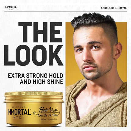 Promotional image of Immortal NYC hair wax with a man styled with the product.