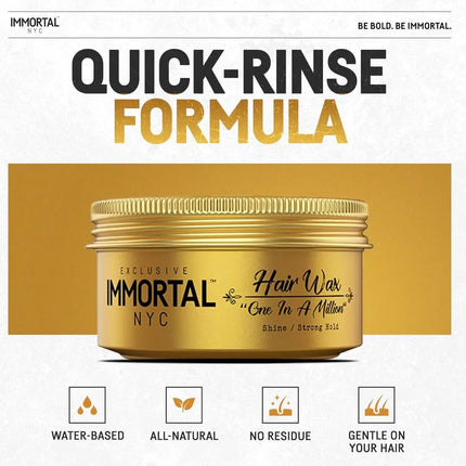 Gold jar of Immortal NYC hair wax with text about quick-rinse formula on a white and gold background.