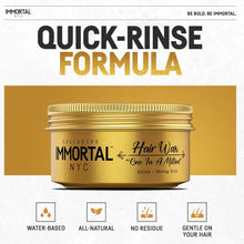 Gold jar of Immortal NYC hair wax with text about quick-rinse formula on a white and gold background.