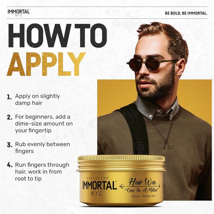 Man with sunglasses and a jar of Immortal NYC hair wax with application instructions.