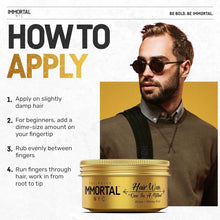 Man with sunglasses and a jar of Immortal NYC hair wax with application instructions.