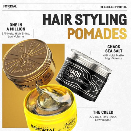 Three hair styling pomade jars with labels on a promotional poster for Immortal NYC hair products.