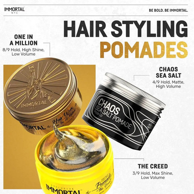 Three hair styling pomade jars with labels on a promotional poster for Immortal NYC hair products.