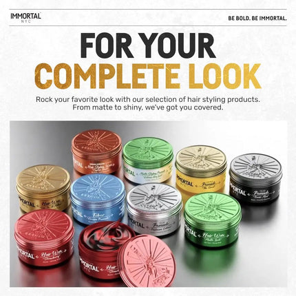 Collection of hair styling products with colorful jars on a white background, featuring the brand 'Immortal'.