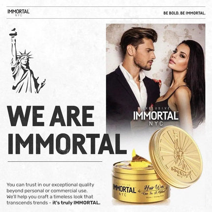 Advertisement for Immortal NYC hair wax with a couple and product display.