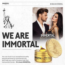 Advertisement for Immortal NYC hair wax with a couple and product display.