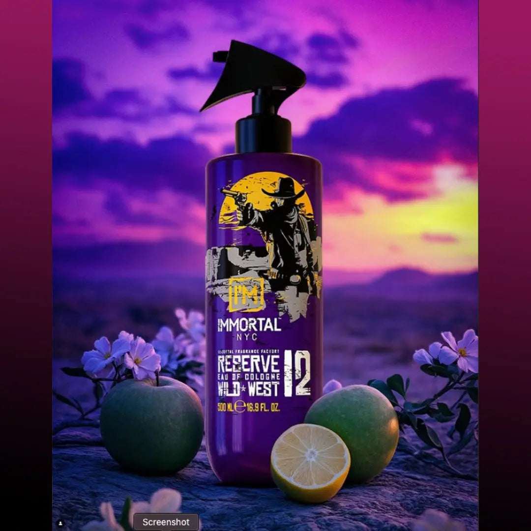“Close-up shot of the IMMORTAL NYC Reserve Cologne 12 – Wild West packaging.”
