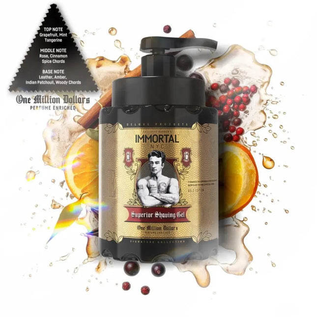 “Bold and spicy fragranced shaving gel in a white pump bottle by Immortal NYC”

